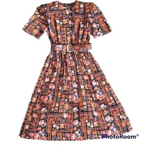 Vintage Lady Caroe Colorful Aztec Floral Print Dress With Belt